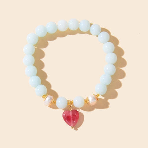 Retro Good Quality Jewellery Light Blue String Glass Beads Pink Heart