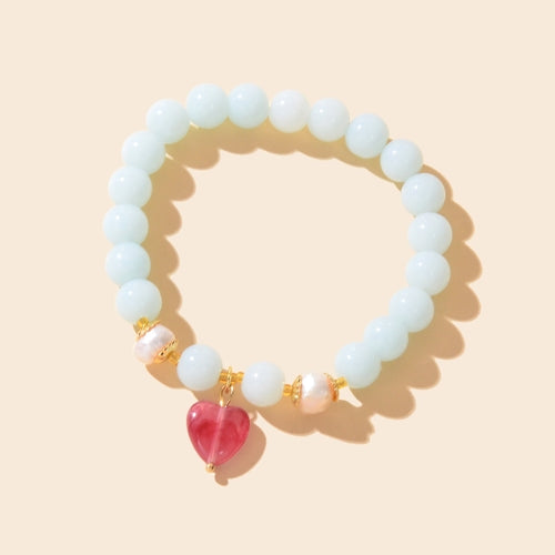 Retro Good Quality Jewellery Light Blue String Glass Beads Pink Heart
