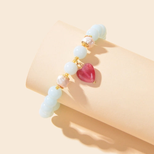 Retro Good Quality Jewellery Light Blue String Glass Beads Pink Heart
