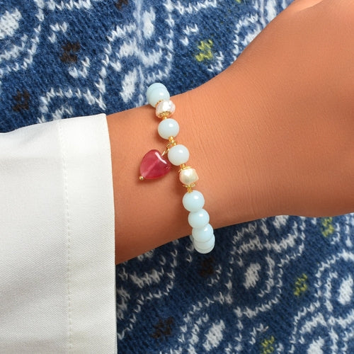 Retro Good Quality Jewellery Light Blue String Glass Beads Pink Heart